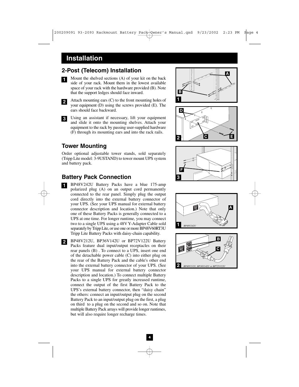 Installation, Post (telecom) installation, Tower mounting | Battery pack connection | Tripp Lite BP36V142U User Manual | Page 4 / 5