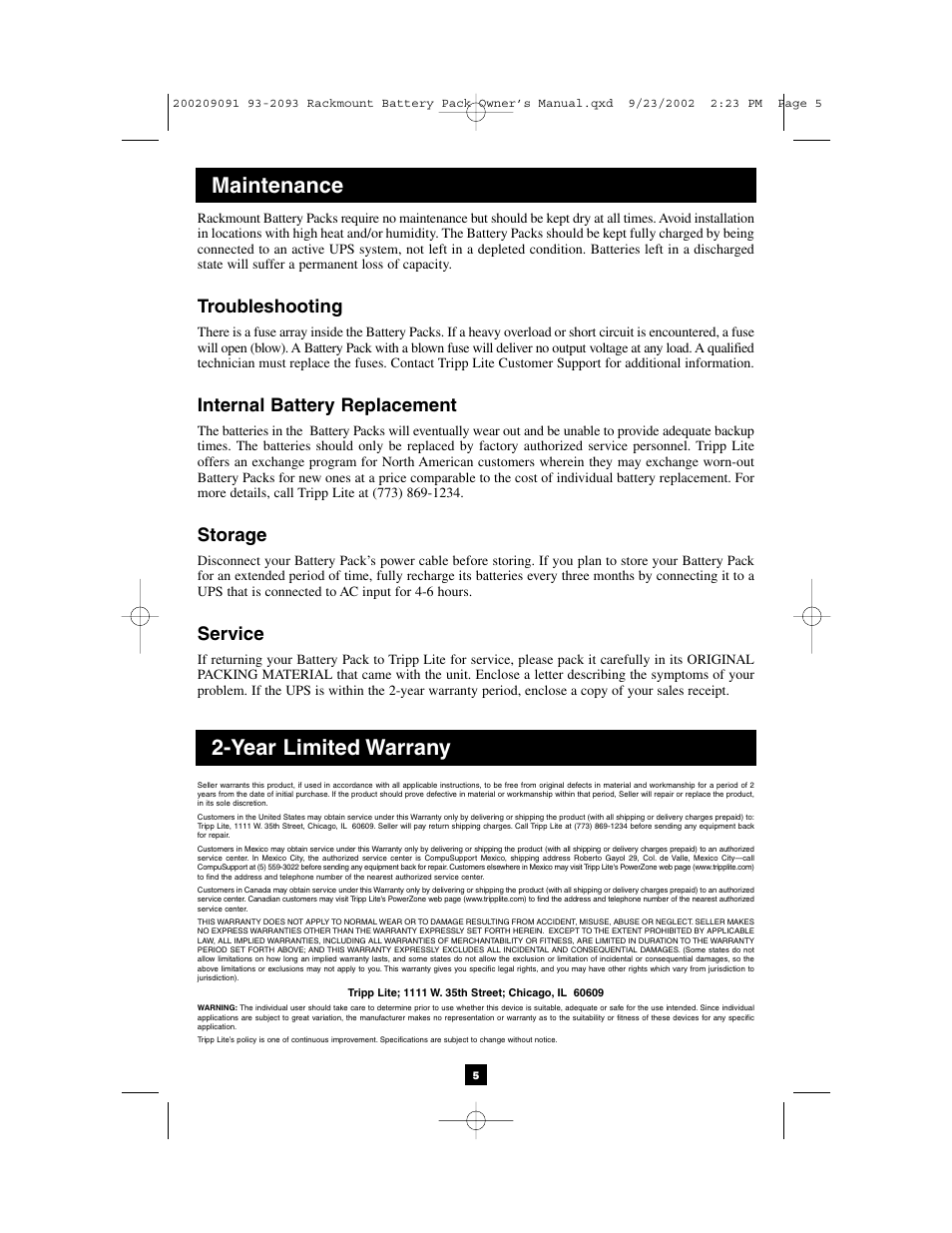 Maintenance, Year limited warrany, Troubleshooting | Internal battery replacement, Storage, Service | Tripp Lite BP36V142U User Manual | Page 5 / 5