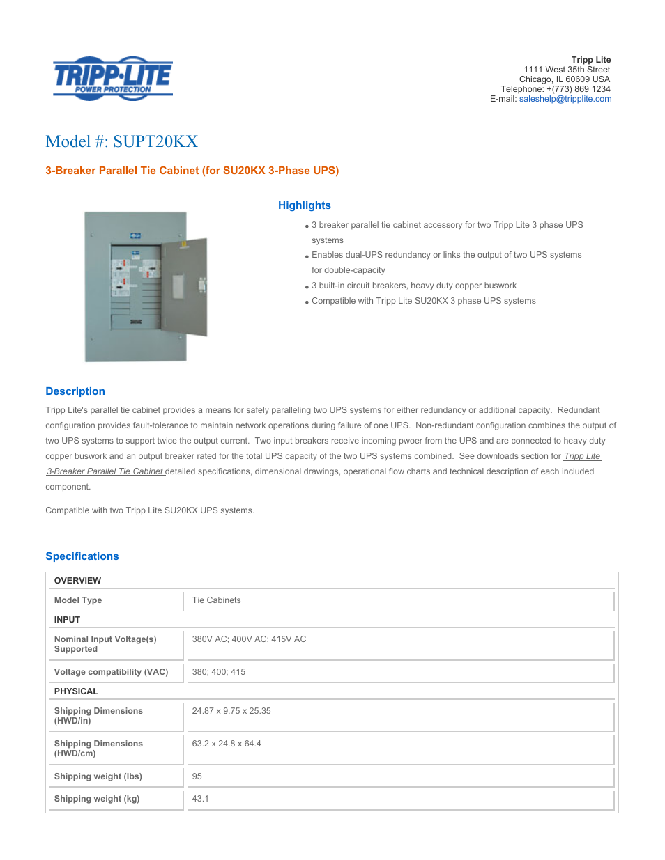 Tripp Lite 3-Breaker Parallel Tie Cabinet (for SU20KX 3-Phase UPS) SUPT20KX User Manual | 2 pages