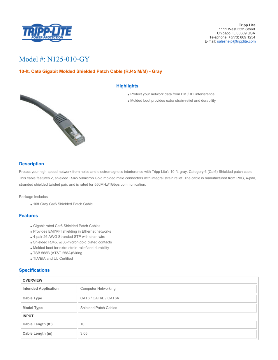 Tripp Lite N125-010-GY User Manual | 2 pages