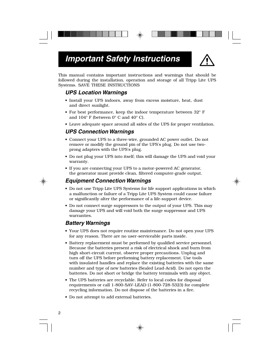 Important safety instructions, Ups location warnings, Ups connection warnings | Equipment connection warnings, Battery warnings | Tripp Lite TE-300 User Manual | Page 2 / 6