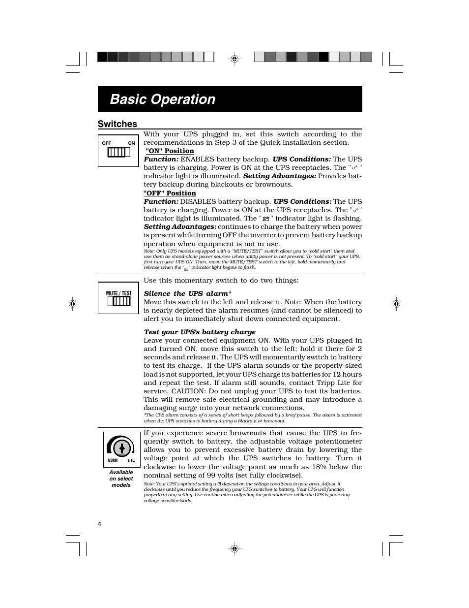 Basic operation, Switches | Tripp Lite TE-300 User Manual | Page 4 / 6