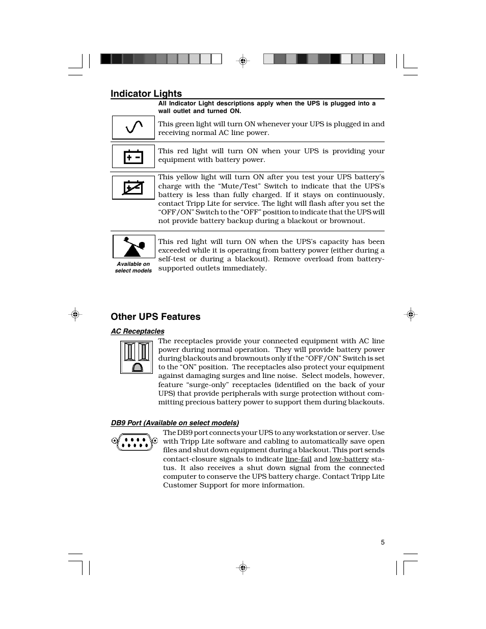 Other ups features, Indicator lights | Tripp Lite TE-300 User Manual | Page 5 / 6