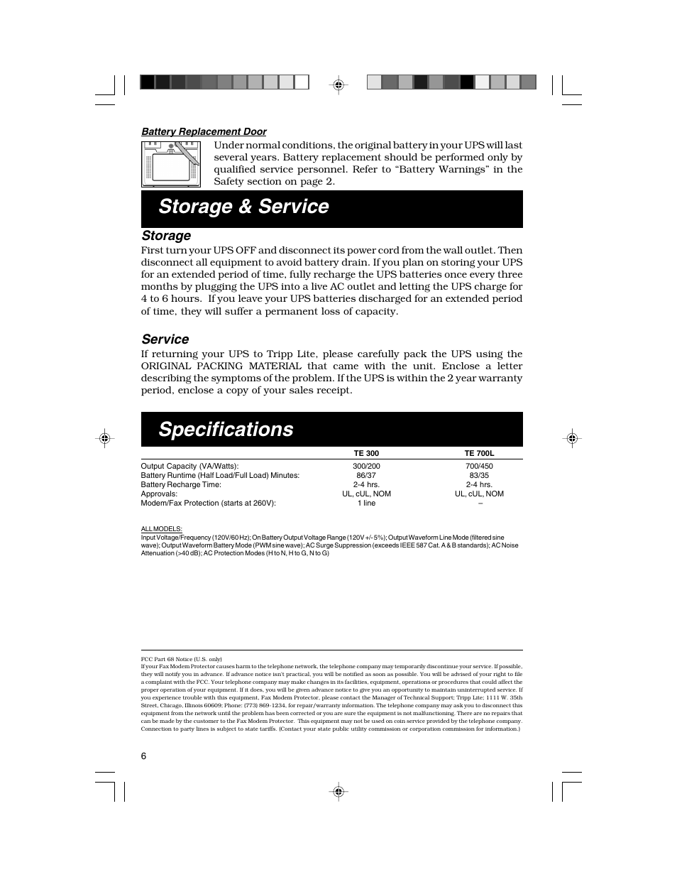Specifications storage & service, Storage, Service | Tripp Lite TE-300 User Manual | Page 6 / 6