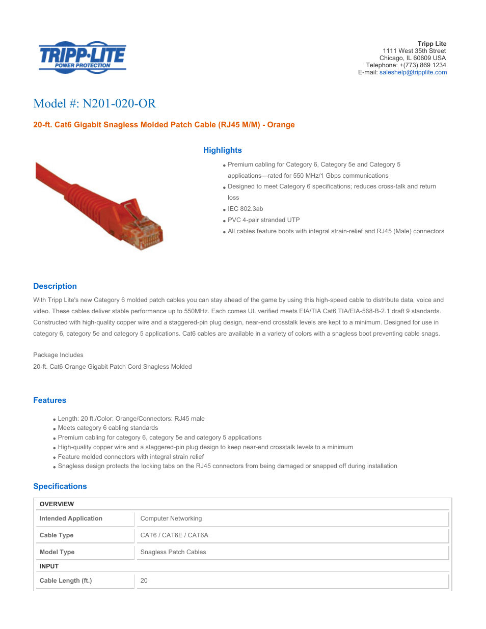 Tripp Lite N201-020-OR User Manual | 2 pages