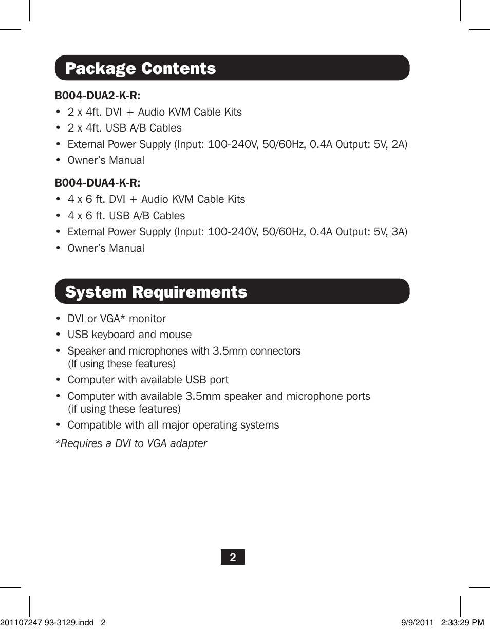 Package contents, System requirements | Tripp Lite B004-DUA4-K-R User Manual | Page 2 / 8