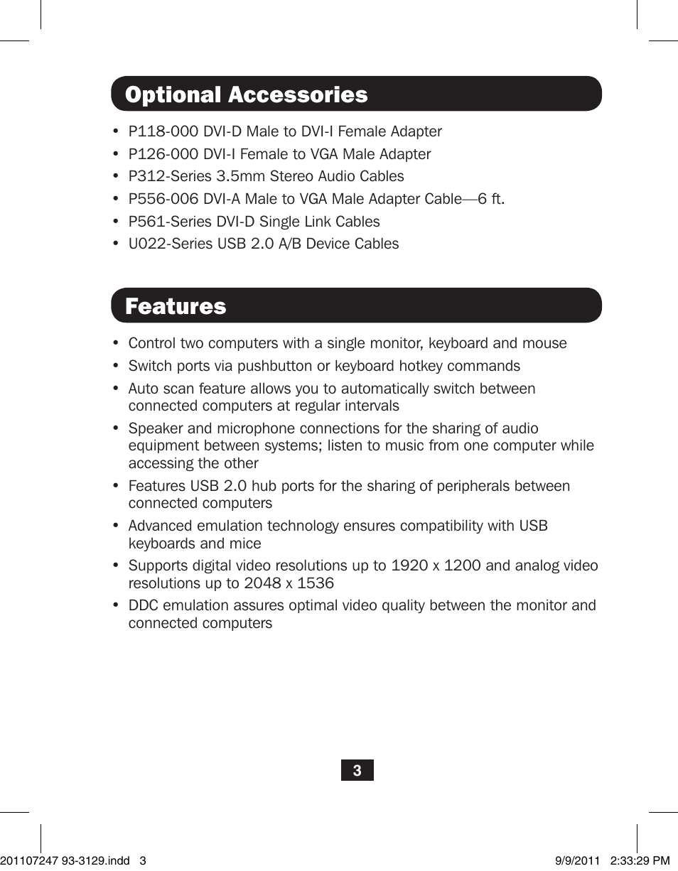 Optional accessories, Features | Tripp Lite B004-DUA4-K-R User Manual | Page 3 / 8