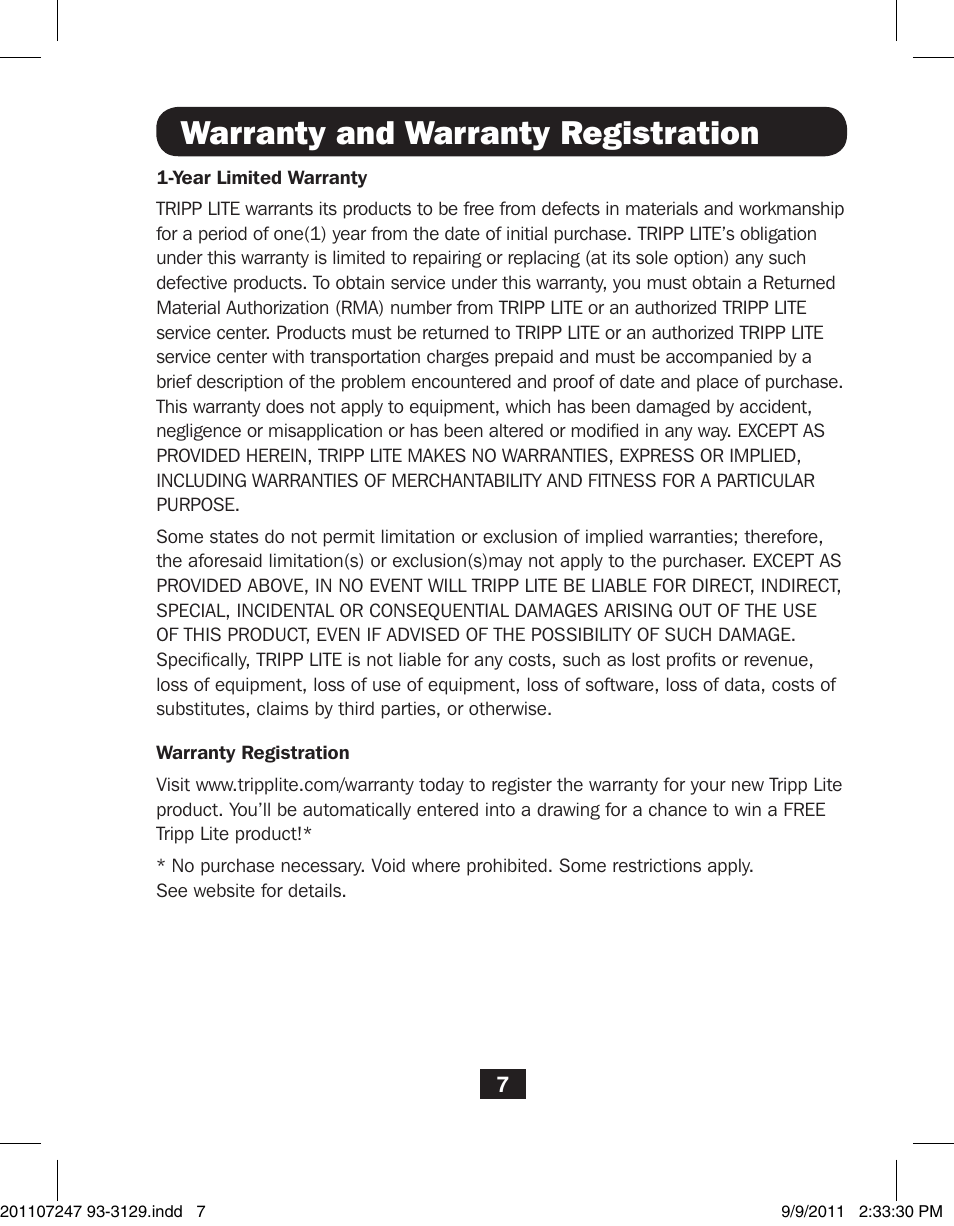 Warranty and warranty registration | Tripp Lite B004-DUA4-K-R User Manual | Page 7 / 8