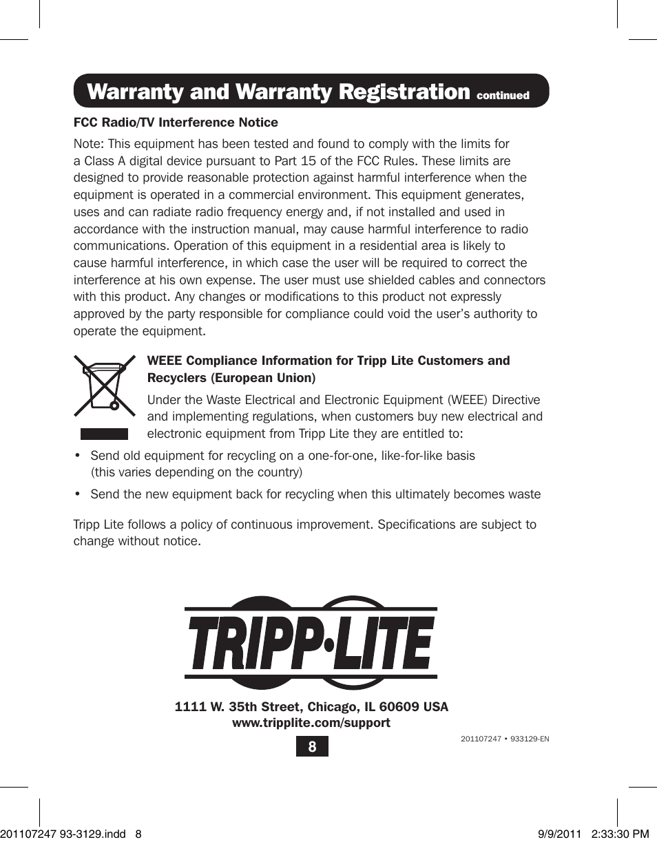 Warranty and warranty registration | Tripp Lite B004-DUA4-K-R User Manual | Page 8 / 8