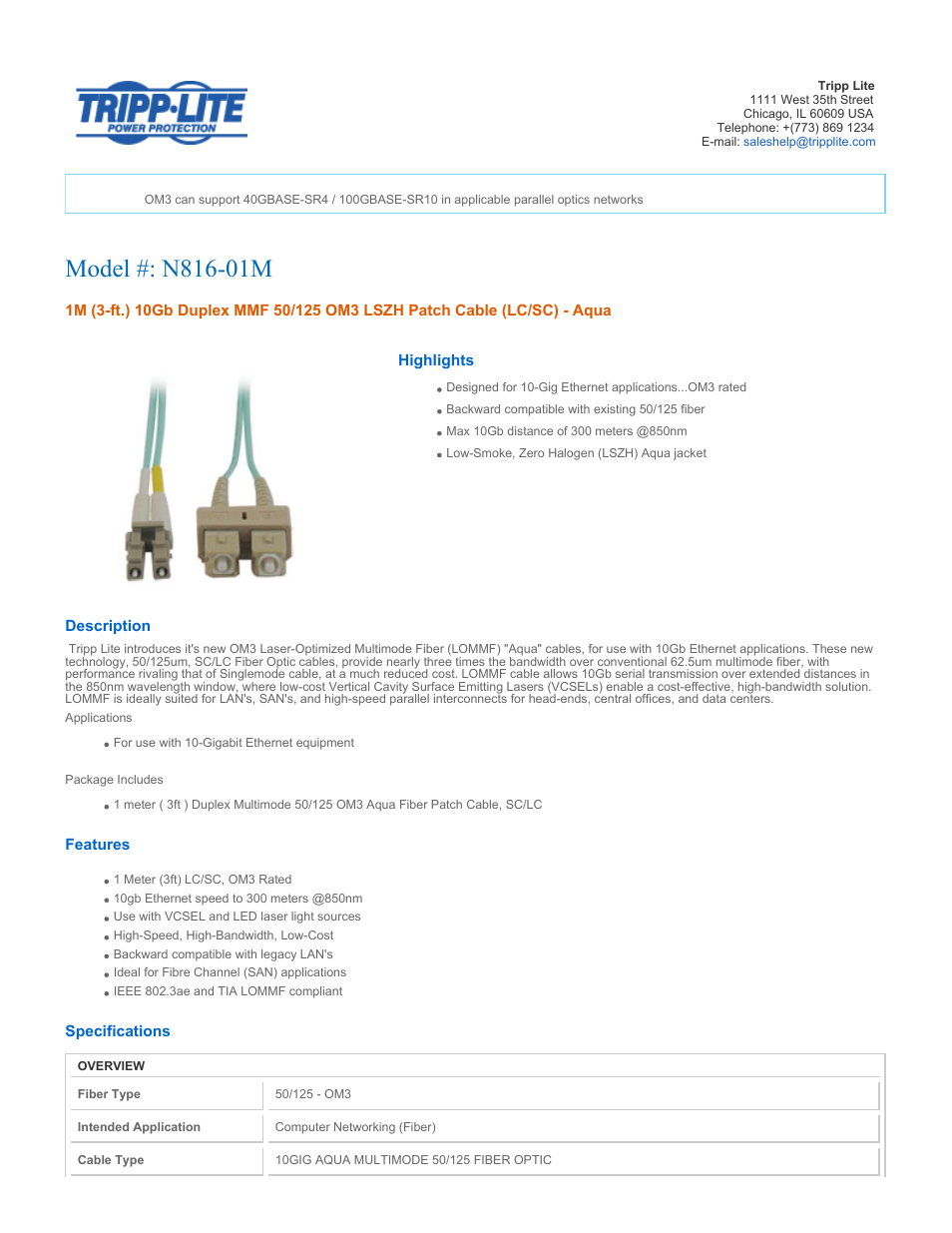 Tripp Lite Multimode Fiber Optics 1-meter N816-01M User Manual | 2 pages