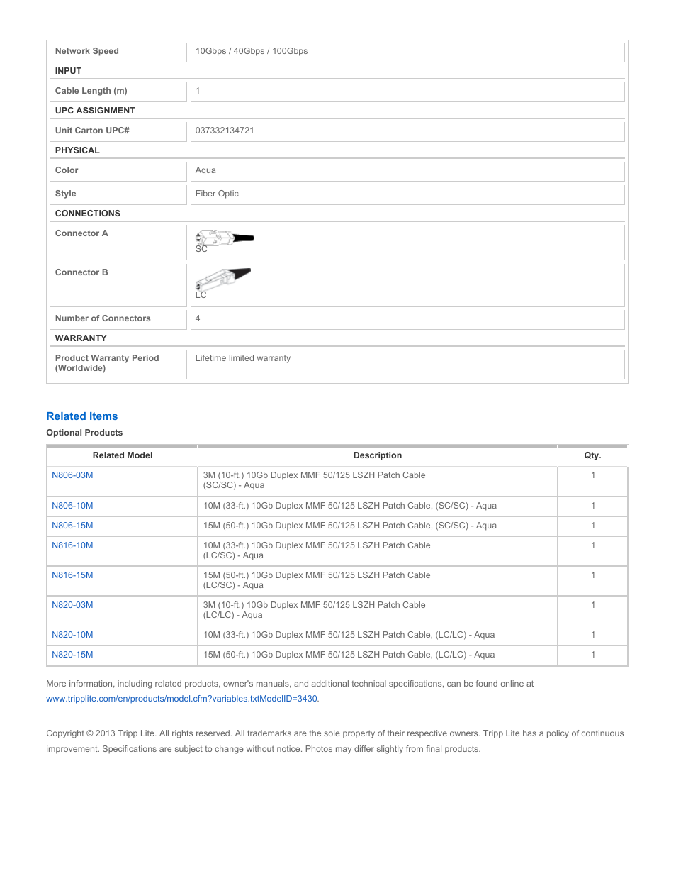 Tripp Lite Multimode Fiber Optics 1-meter N816-01M User Manual | Page 2 / 2
