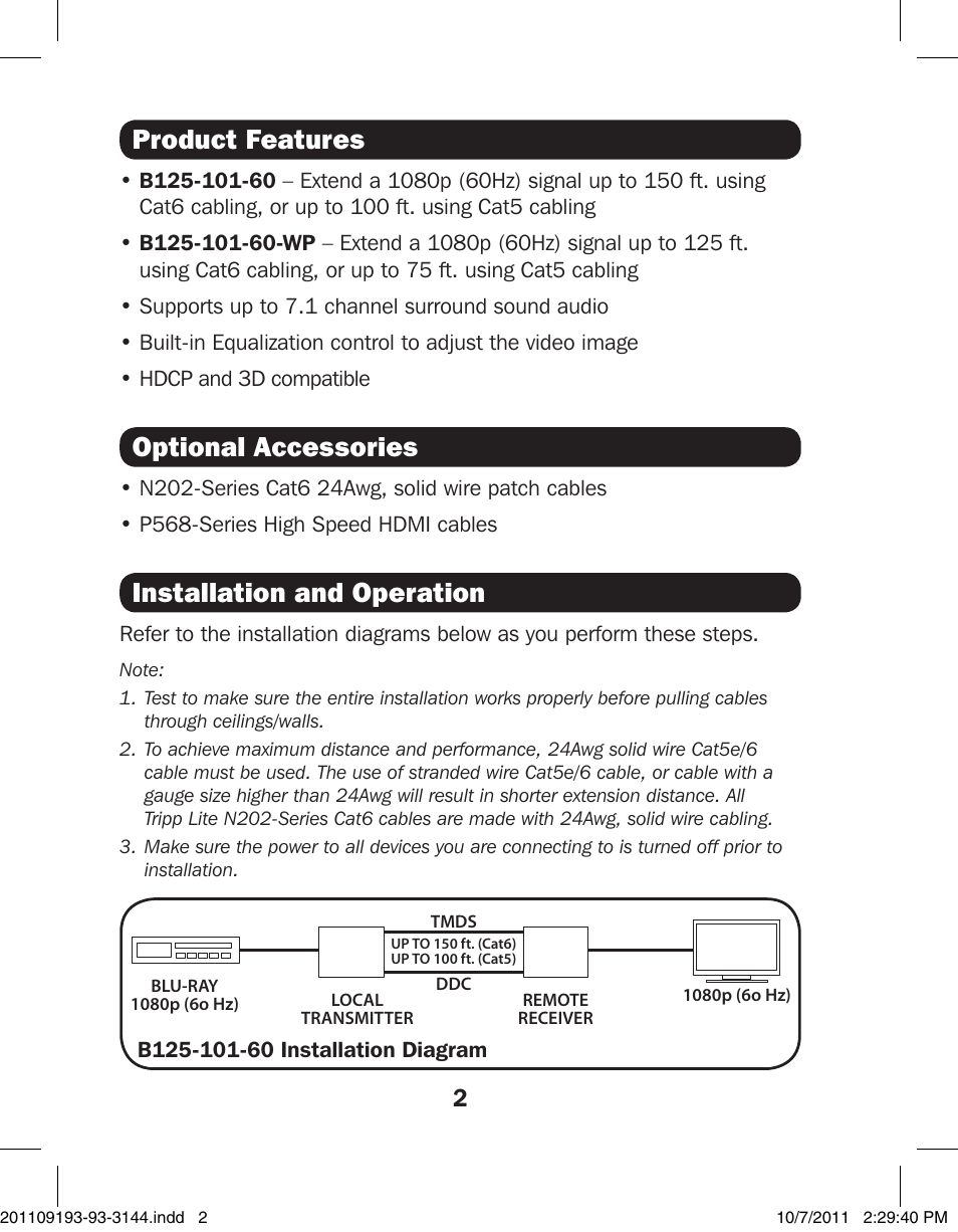 Installation and operation, Product features, Optional accessories | Tripp Lite B125-101-60-WP User Manual | Page 2 / 4