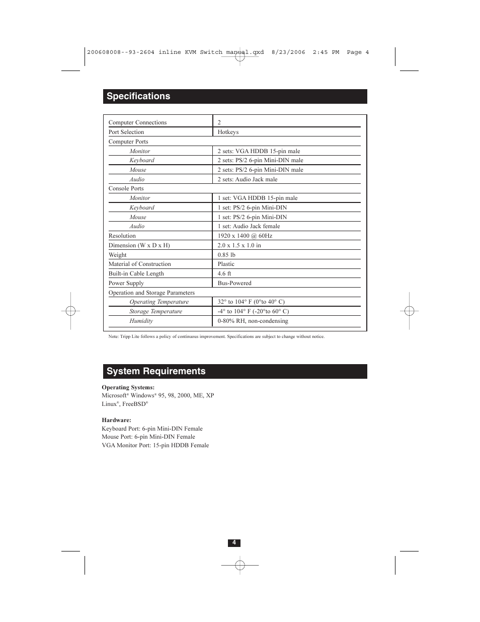 Specifications, System requirements | Tripp Lite 2-Port In-Line PS/2 KVM Switch with Audio B032-002-R User Manual | Page 4 / 8