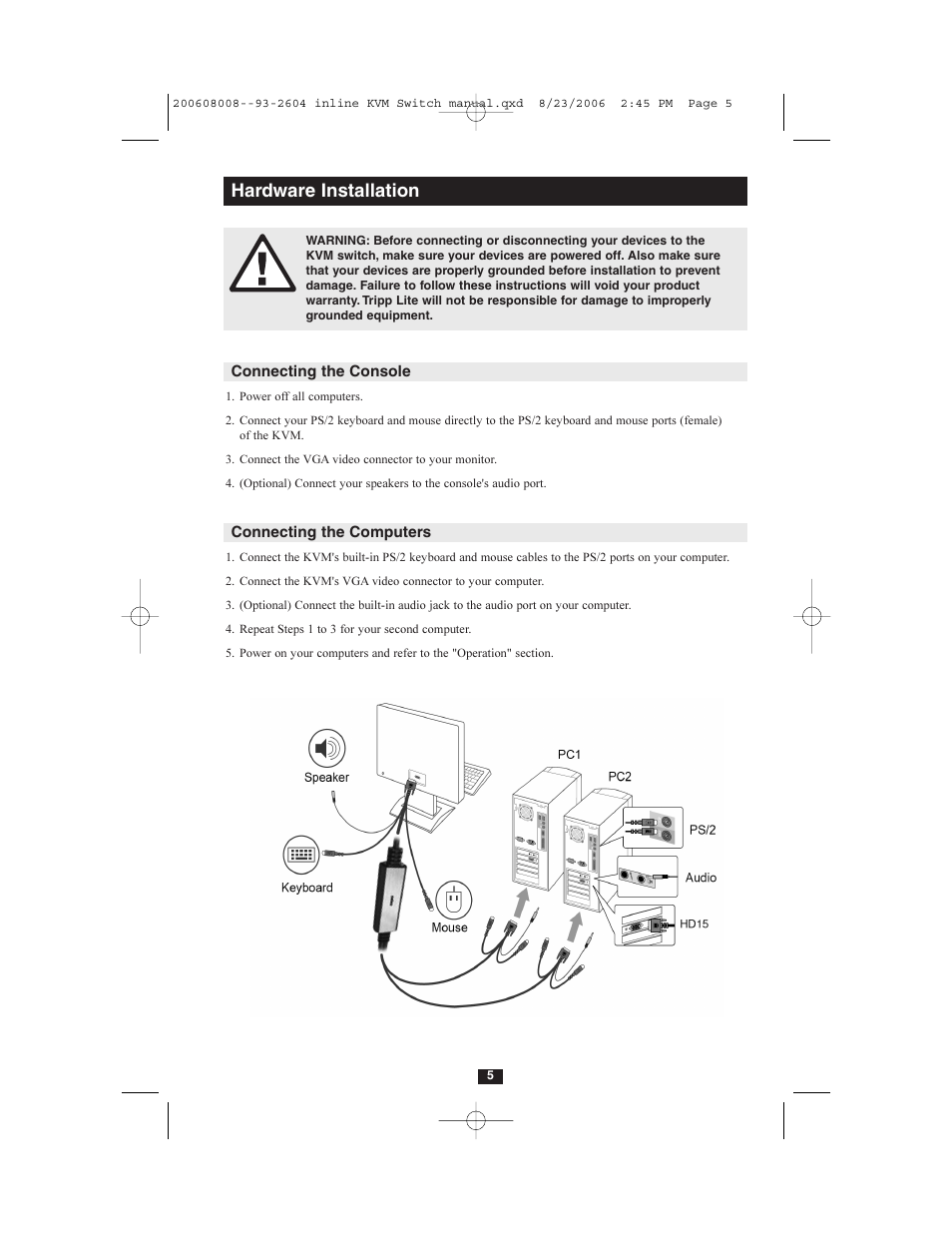 Hardware installation | Tripp Lite 2-Port In-Line PS/2 KVM Switch with Audio B032-002-R User Manual | Page 5 / 8