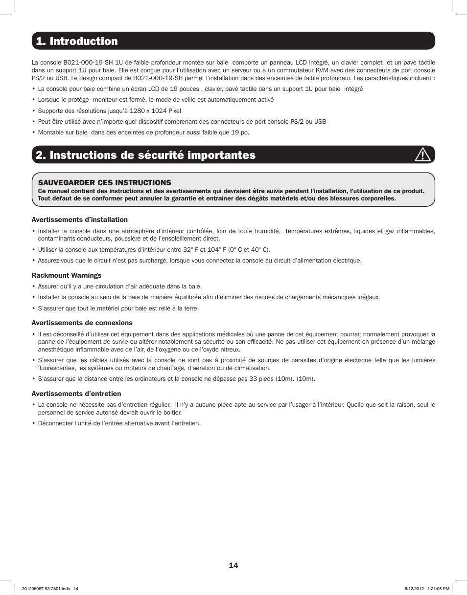 Introduction, Instructions de sécurité importantes | Tripp Lite B021-000-19-SH User Manual | Page 14 / 20