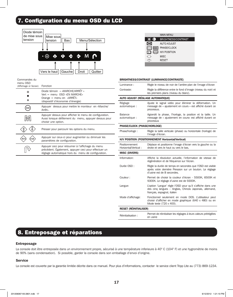 Configuration du menu osd du lcd, Entreposage et réparations | Tripp Lite B021-000-19-SH User Manual | Page 17 / 20