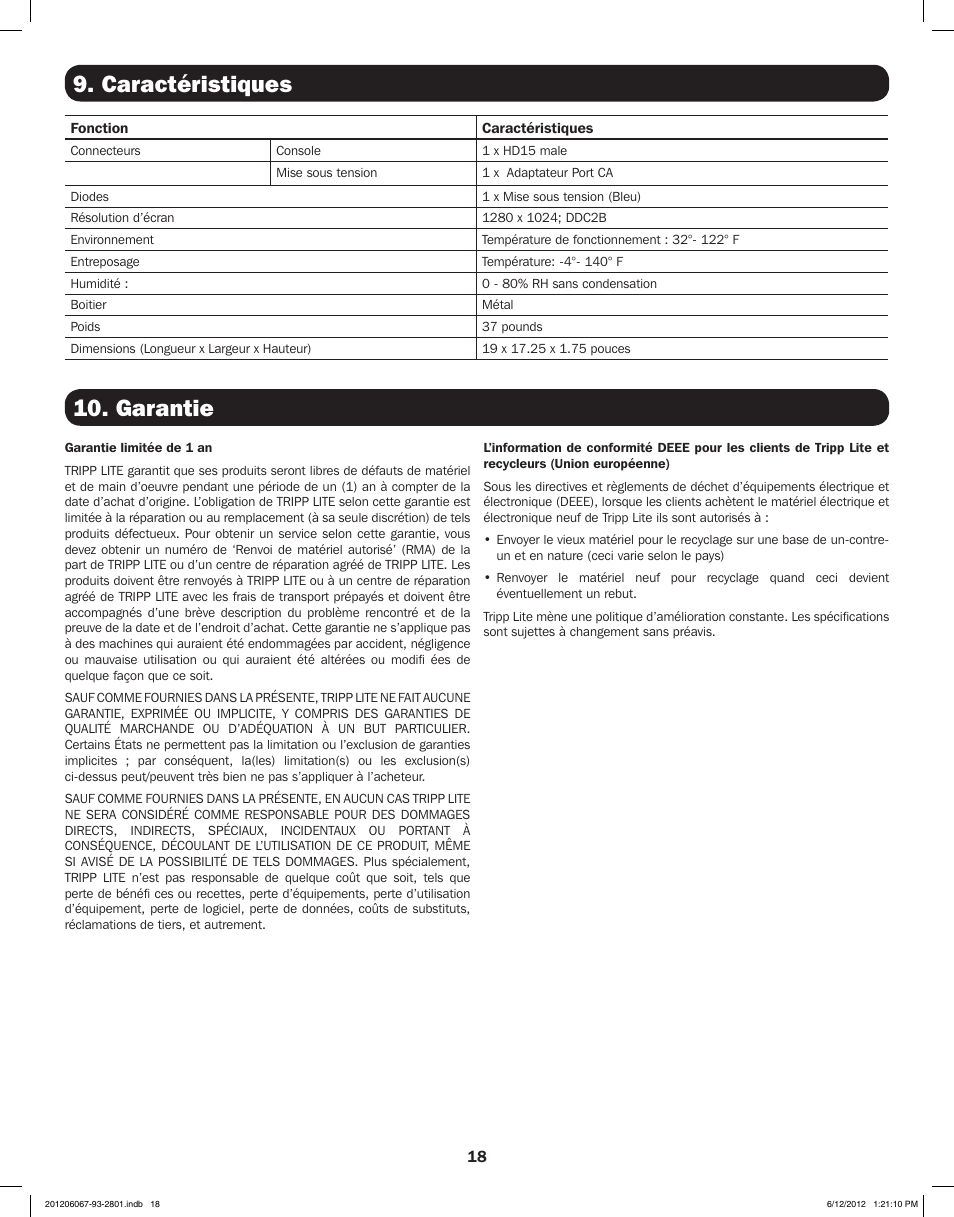 Caractéristiques 10. garantie | Tripp Lite B021-000-19-SH User Manual | Page 18 / 20