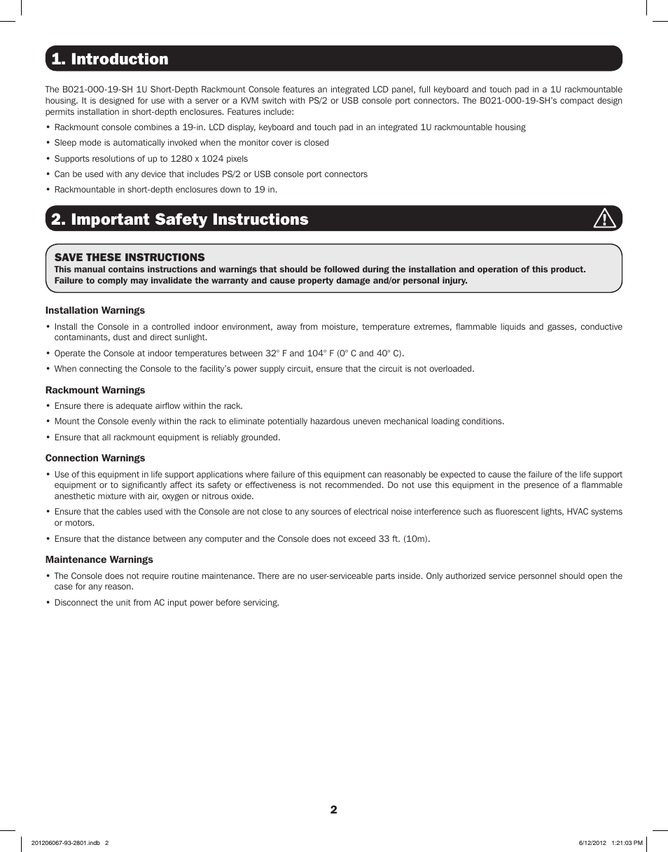 Introduction, Important safety instructions | Tripp Lite B021-000-19-SH User Manual | Page 2 / 20
