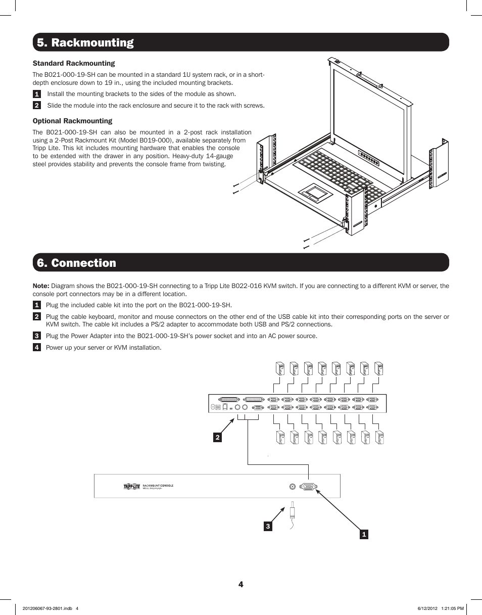 Rackmounting 6. connection | Tripp Lite B021-000-19-SH User Manual | Page 4 / 20