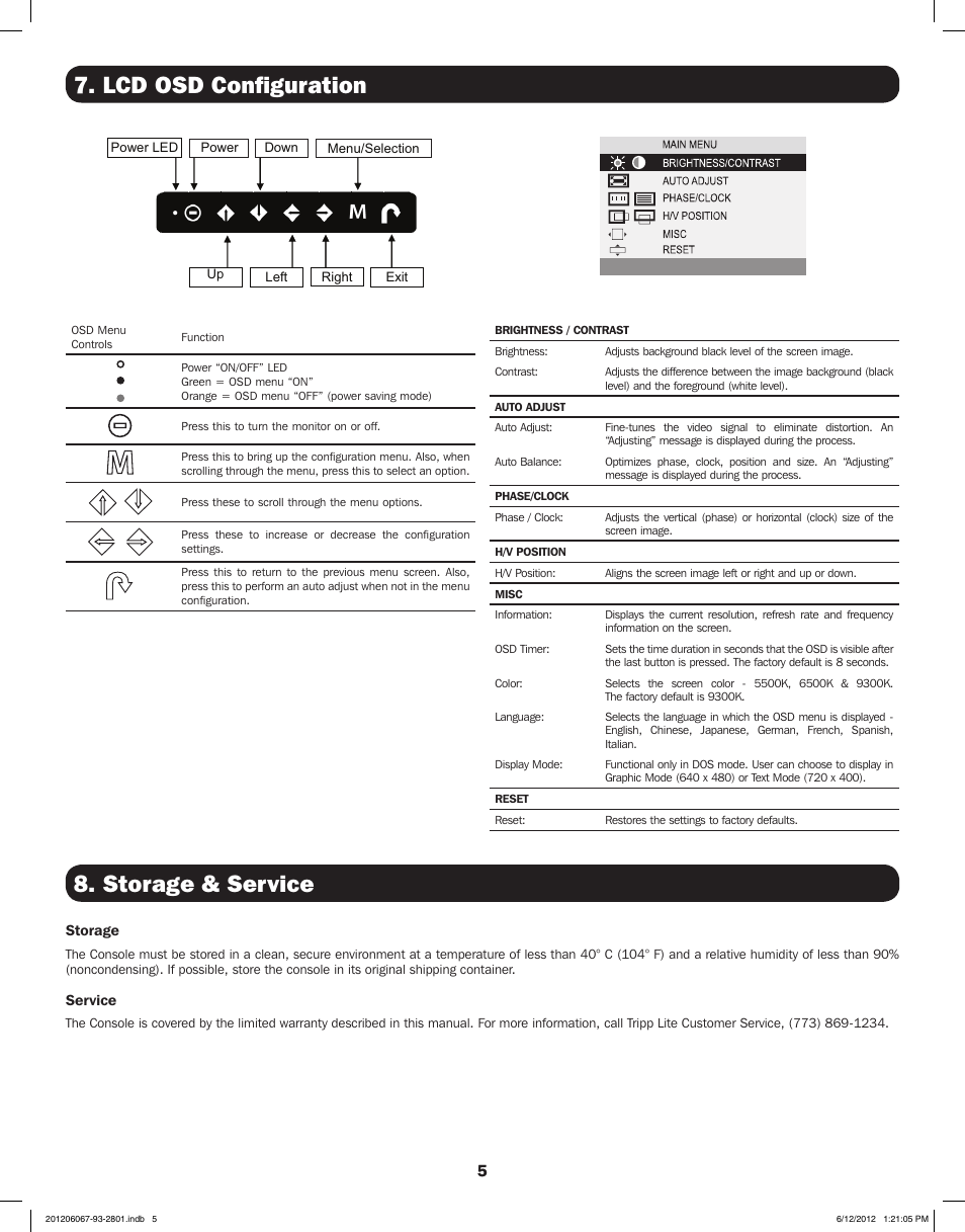 Lcd osd configuration, Storage & service | Tripp Lite B021-000-19-SH User Manual | Page 5 / 20