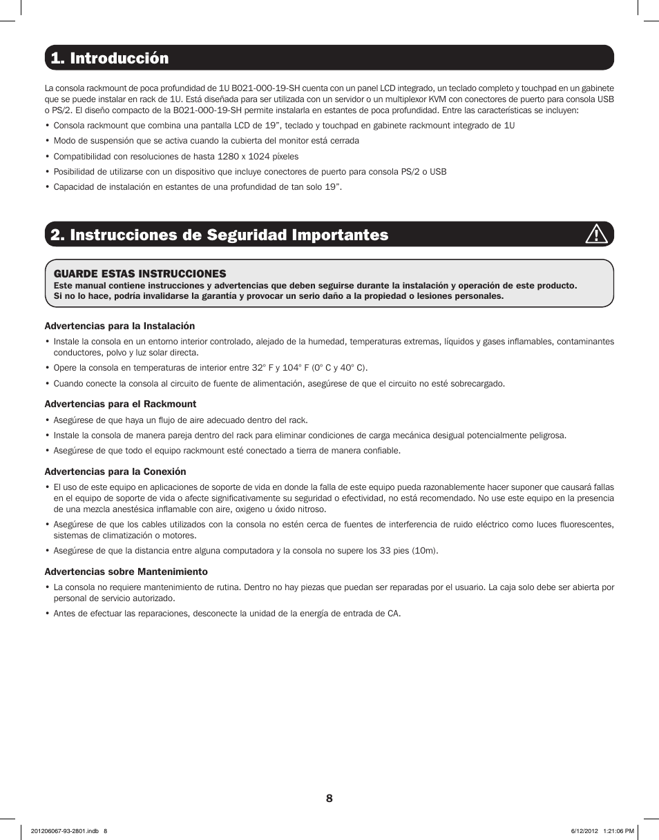 Introducción, Instrucciones de seguridad importantes | Tripp Lite B021-000-19-SH User Manual | Page 8 / 20