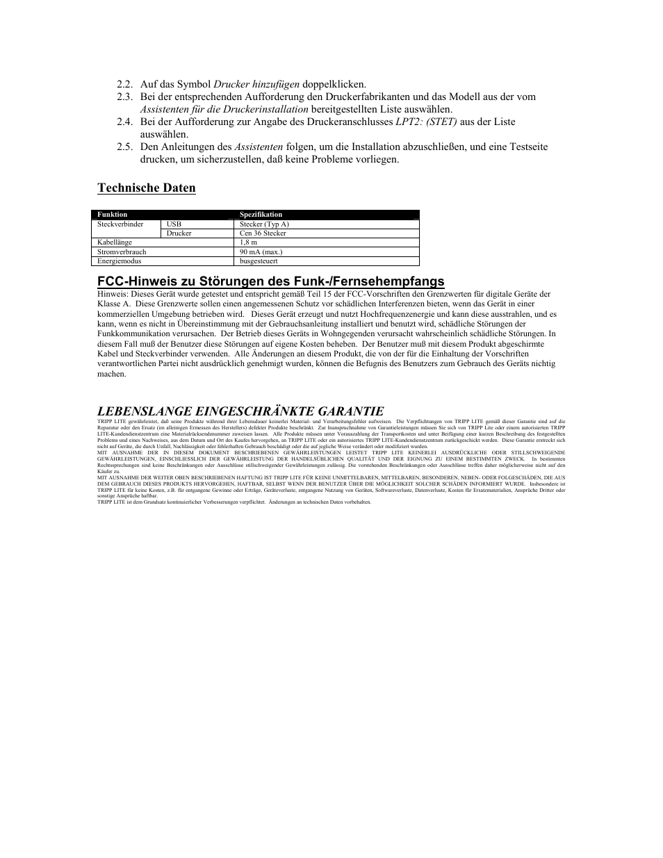 Technische daten, Fcc-hinweis zu störungen des funk-/fernsehempfangs, Lebenslange eingeschränkte garantie | Tripp Lite U206-006-R User Manual | Page 12 / 16