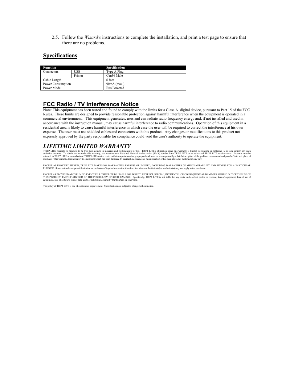 Specifications, Fcc radio / tv interference notice, Lifetime limited warranty | Tripp Lite U206-006-R User Manual | Page 3 / 16