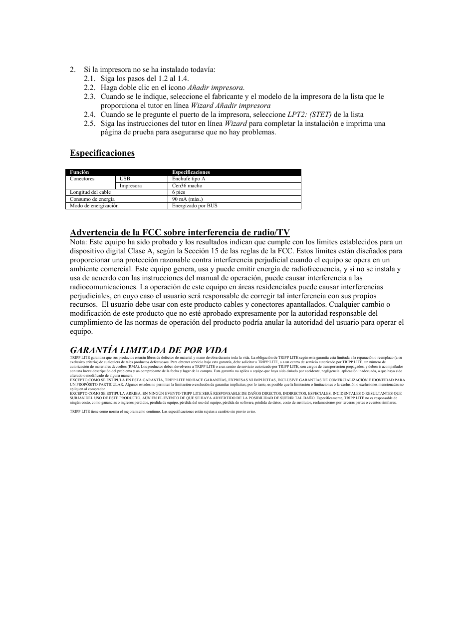 Especificaciones, Garantía limitada de por vida | Tripp Lite U206-006-R User Manual | Page 9 / 16
