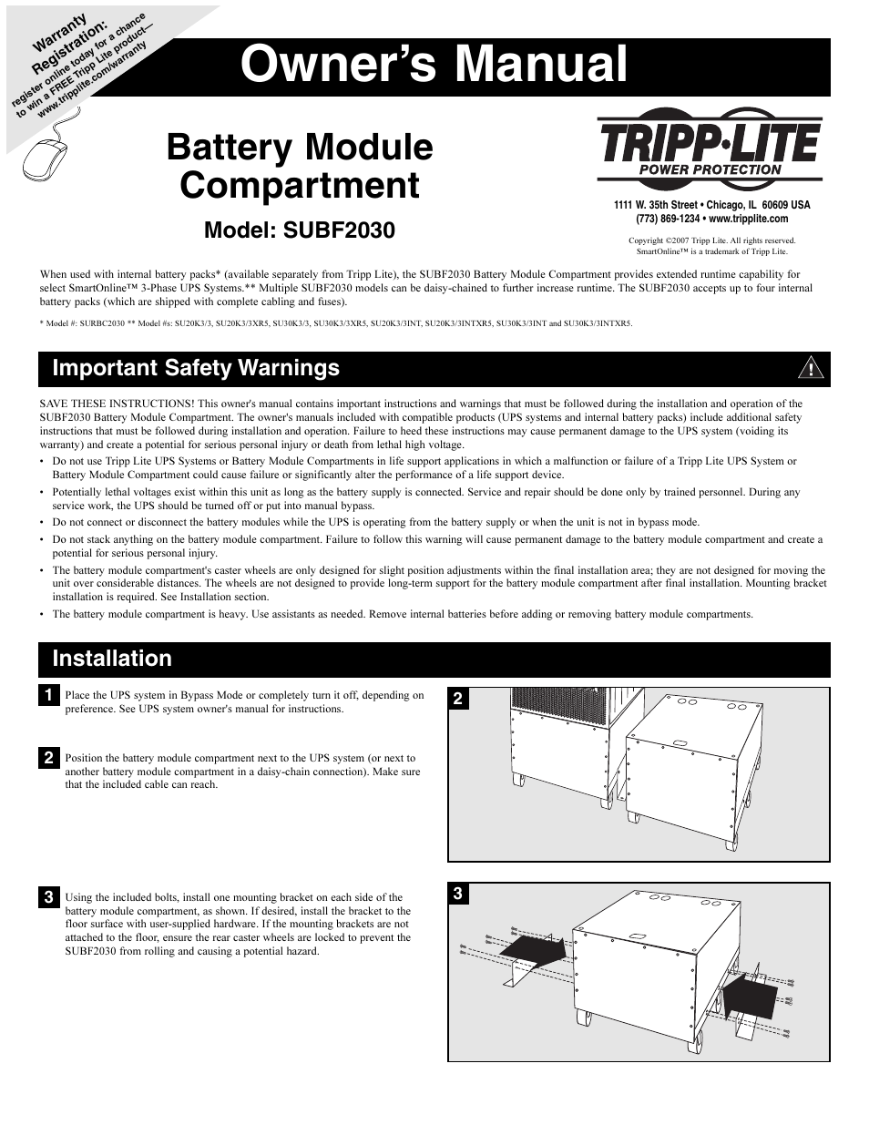 Tripp Lite Battery Module Compartment SUBF2030 User Manual | 2 pages