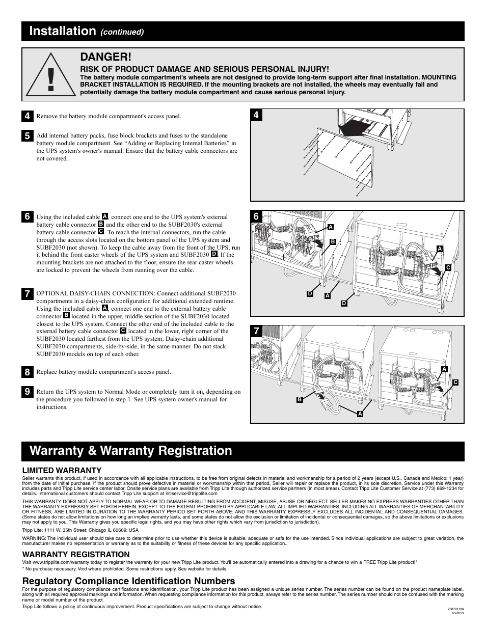 Installation, Warranty & warranty registration, Danger | Regulatory compliance identification numbers | Tripp Lite Battery Module Compartment SUBF2030 User Manual | Page 2 / 2