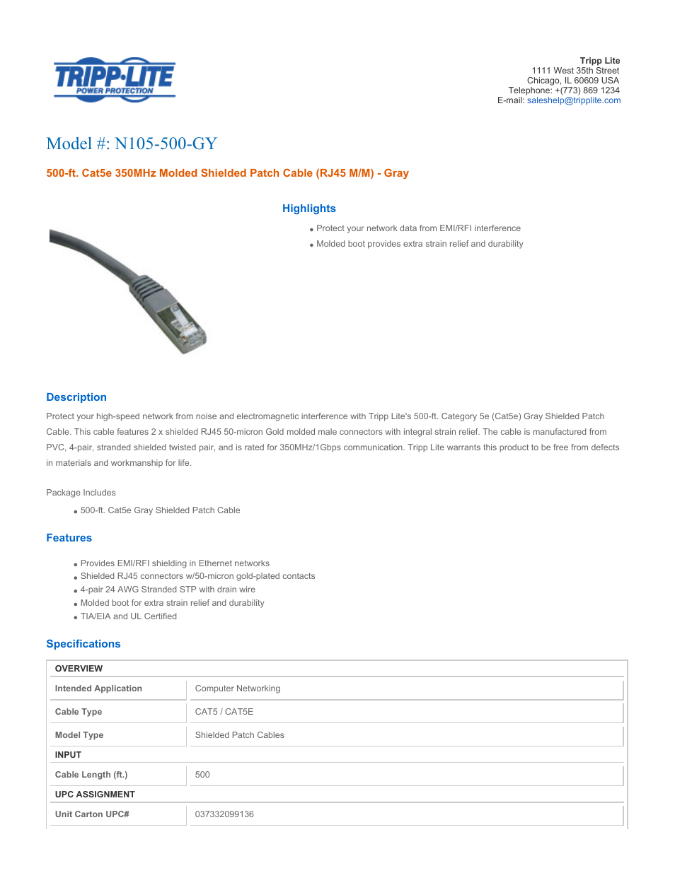 Tripp Lite N105-500-GY User Manual | 2 pages