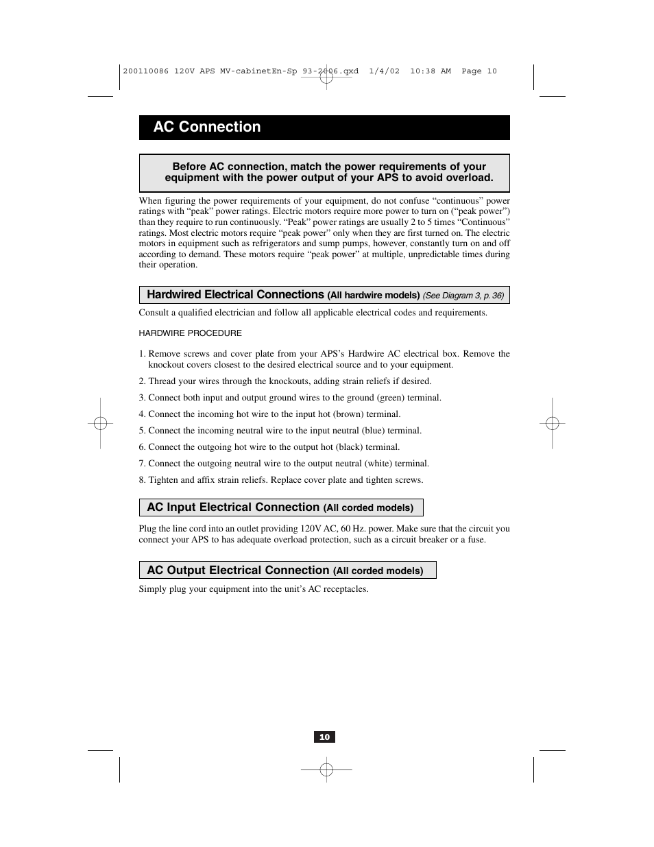 Ac connection | Tripp Lite Alternative Power Source User Manual | Page 10 / 40