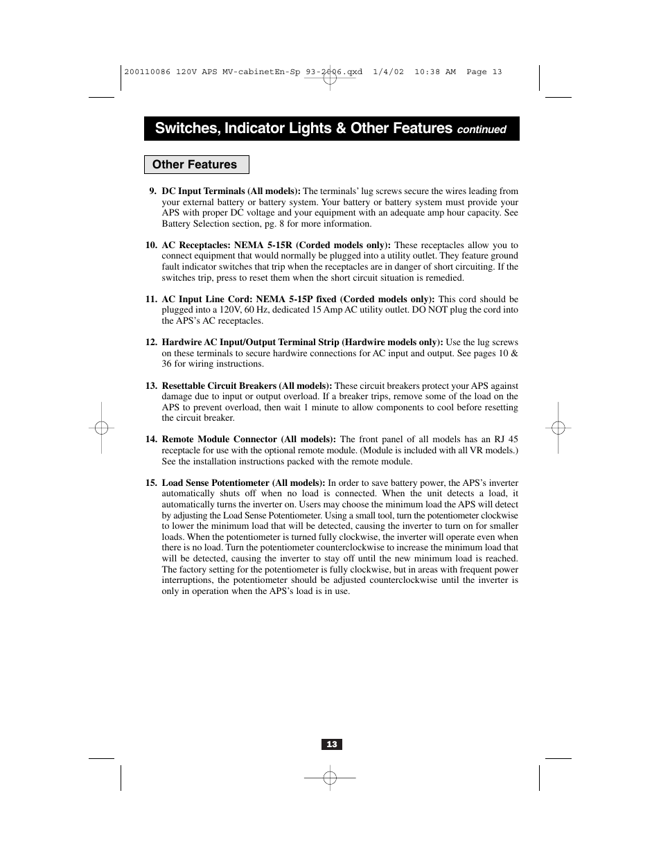 Switches, indicator lights & other features | Tripp Lite Alternative Power Source User Manual | Page 13 / 40