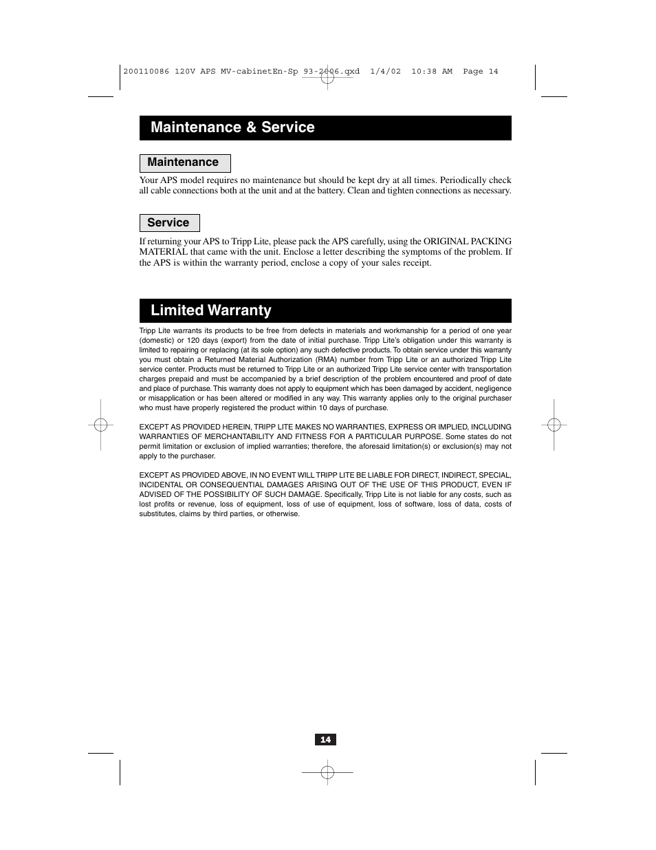 Maintenance & service, Limited warranty | Tripp Lite Alternative Power Source User Manual | Page 14 / 40