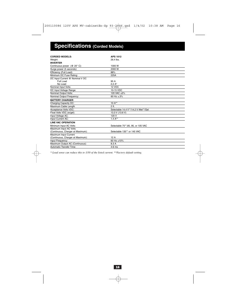 Specifications, Corded models) | Tripp Lite Alternative Power Source User Manual | Page 16 / 40