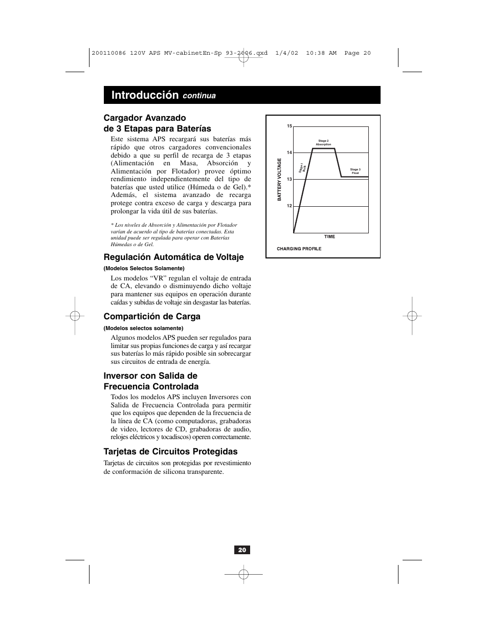 Introducción, Cargador avanzado de 3 etapas para baterías, Regulación automática de voltaje | Compartición de carga, Inversor con salida de frecuencia controlada, Tarjetas de circuitos protegidas, Continua | Tripp Lite Alternative Power Source User Manual | Page 20 / 40