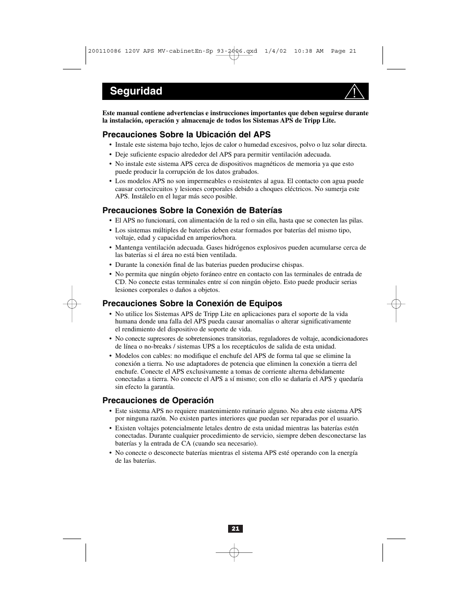 Seguridad | Tripp Lite Alternative Power Source User Manual | Page 21 / 40