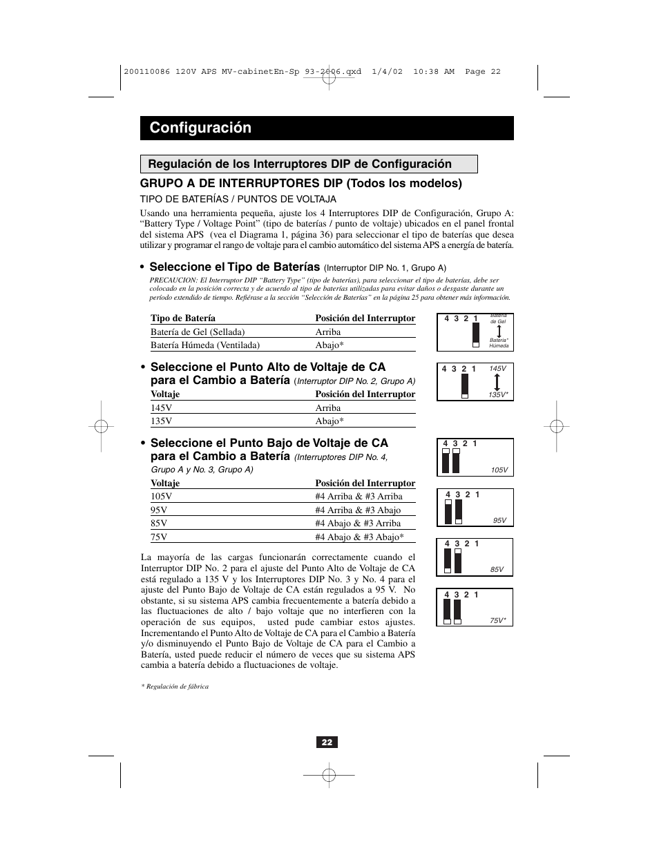 Configuración, Grupo a de interruptores dip (todos los modelos), Seleccione el tipo de baterías | Tripp Lite Alternative Power Source User Manual | Page 22 / 40