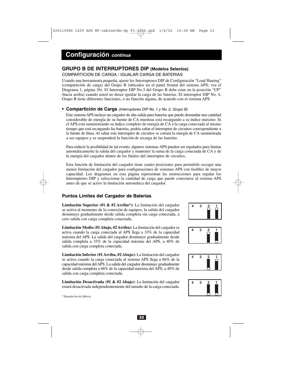Configuración, Grupo b de interruptores dip | Tripp Lite Alternative Power Source User Manual | Page 23 / 40