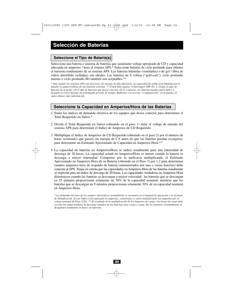 Selección de baterías | Tripp Lite Alternative Power Source User Manual | Page 25 / 40