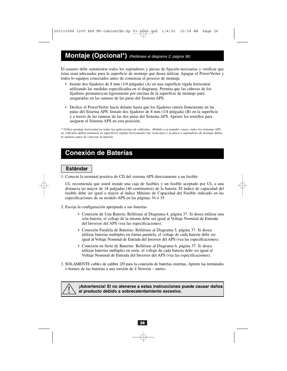 Montaje (opcional*), Conexión de baterías | Tripp Lite Alternative Power Source User Manual | Page 26 / 40