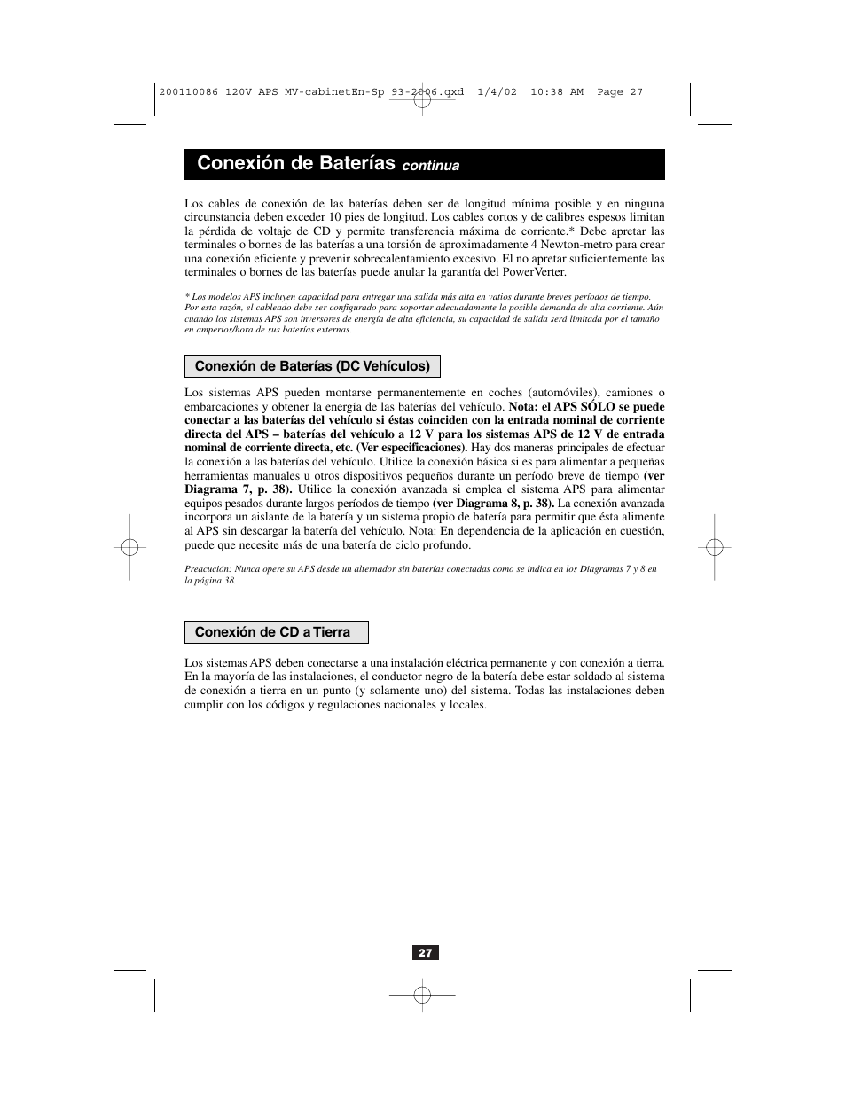 Conexión de ca, Conexión de baterías | Tripp Lite Alternative Power Source User Manual | Page 27 / 40