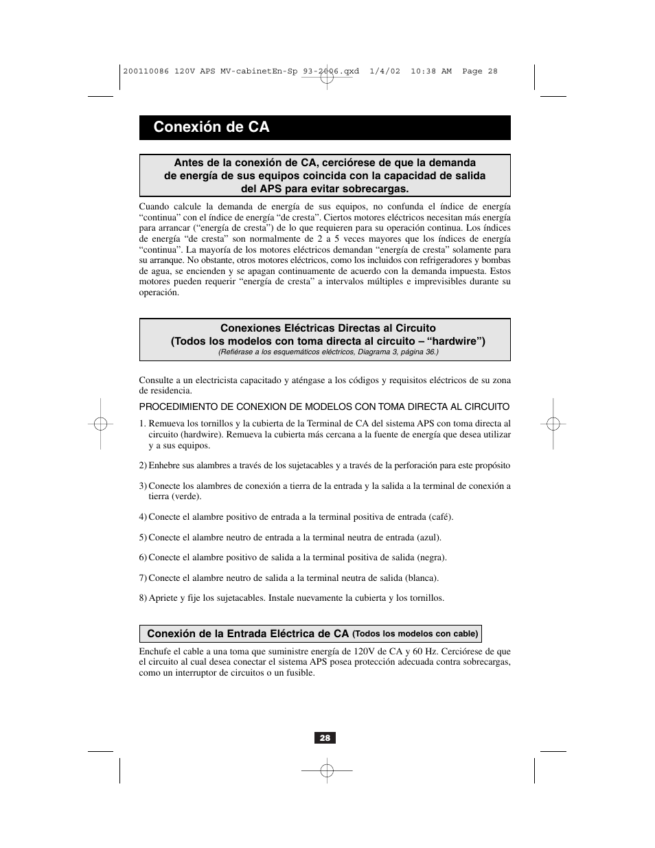Conexión de ca | Tripp Lite Alternative Power Source User Manual | Page 28 / 40