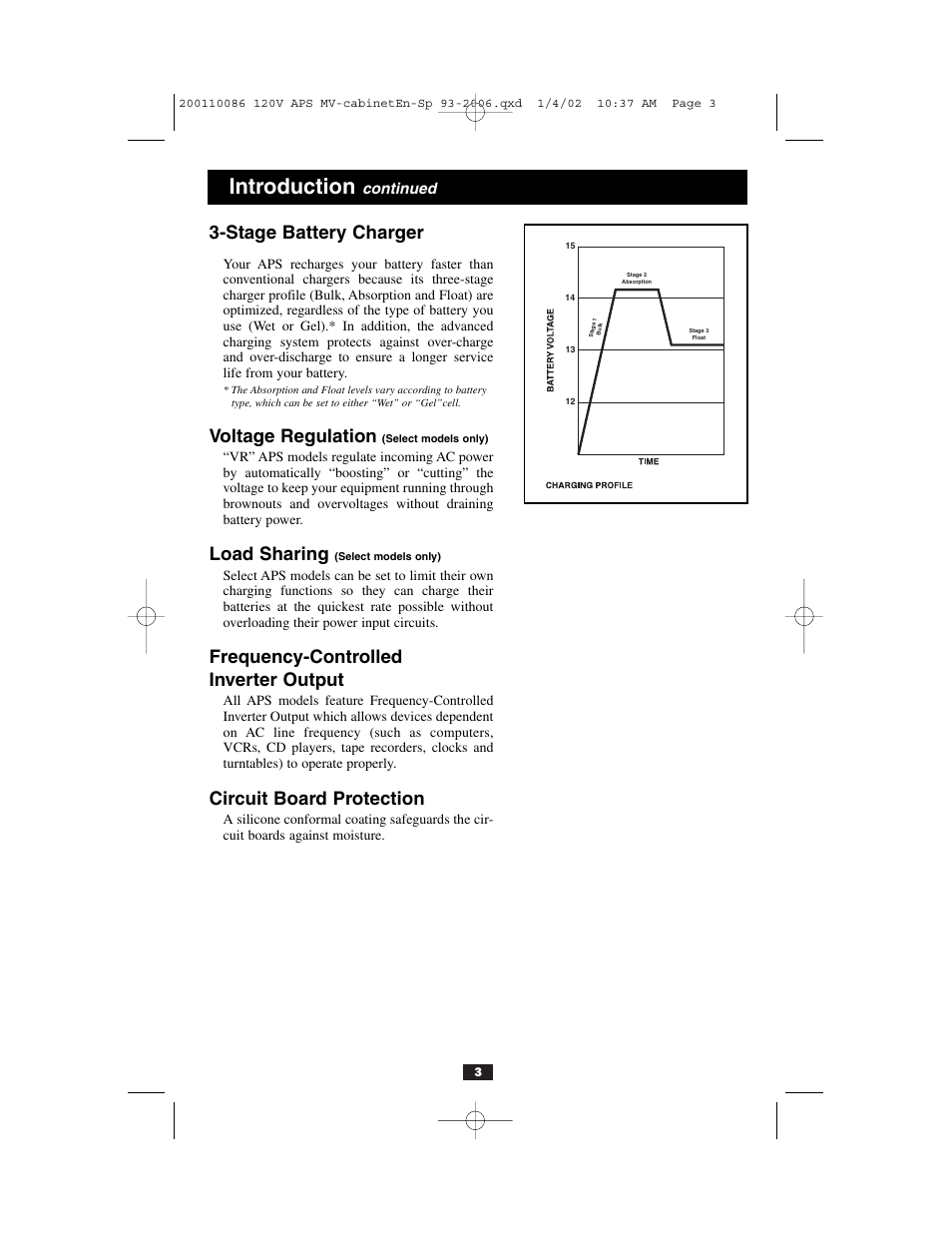 Introduction, Stage battery charger, Voltage regulation | Load sharing, Frequency-controlled inverter output, Circuit board protection, Continued | Tripp Lite Alternative Power Source User Manual | Page 3 / 40