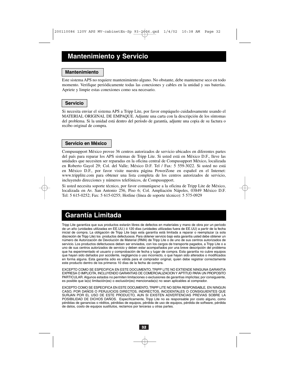 Mantenimiento y servicio, Garantía limitada | Tripp Lite Alternative Power Source User Manual | Page 32 / 40