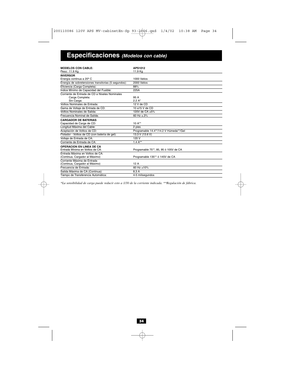 Especificaciones, Modelos con cable) | Tripp Lite Alternative Power Source User Manual | Page 34 / 40