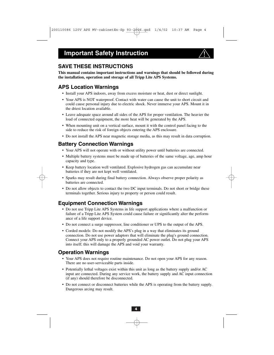 Important safety instruction | Tripp Lite Alternative Power Source User Manual | Page 4 / 40