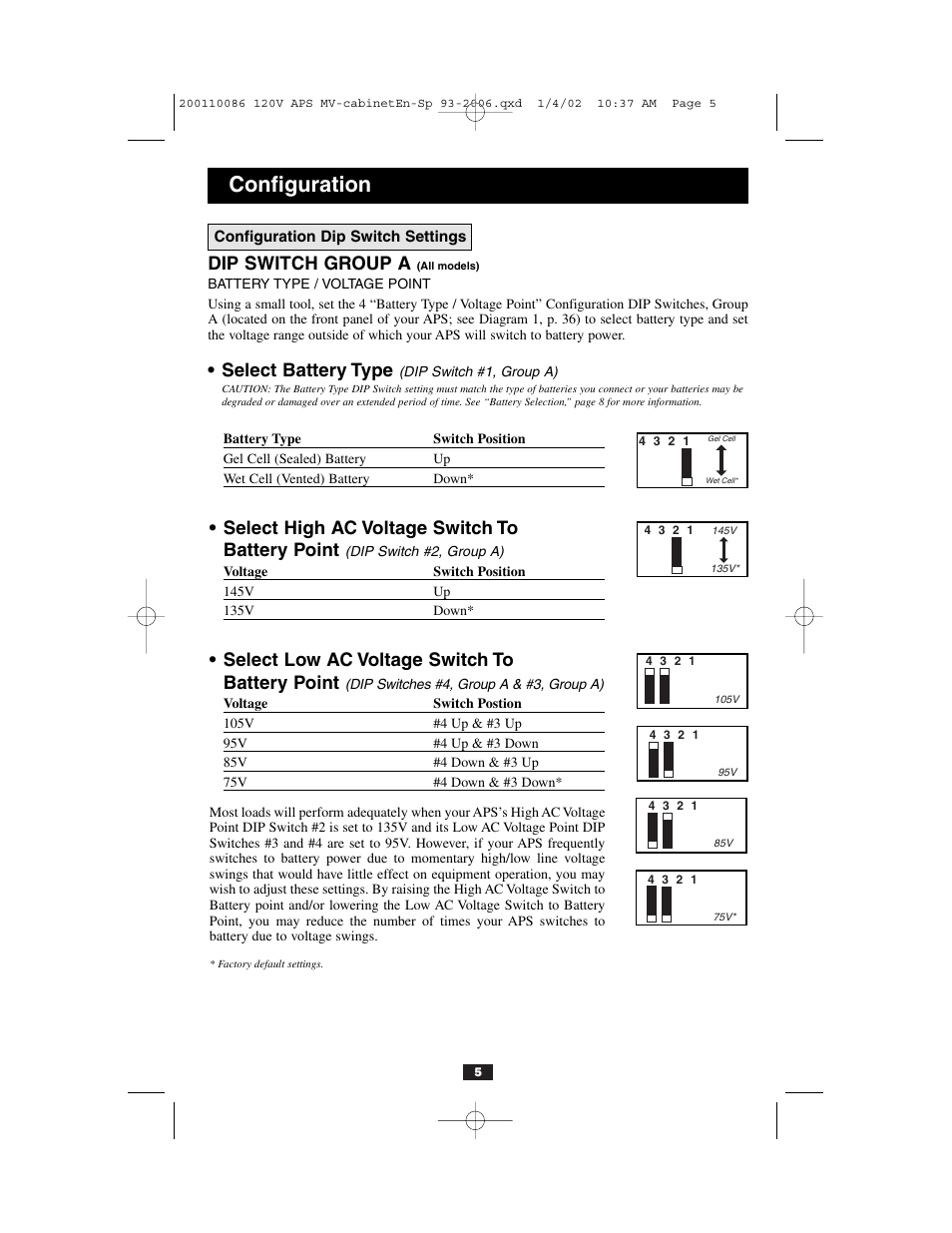 Configuration, Dip switch group a, Select battery type | Select high ac voltage switch to battery point, Select low ac voltage switch to battery point | Tripp Lite Alternative Power Source User Manual | Page 5 / 40