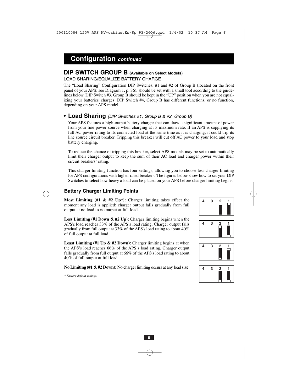 Configuration, Dip switch group b, Load sharing | Tripp Lite Alternative Power Source User Manual | Page 6 / 40