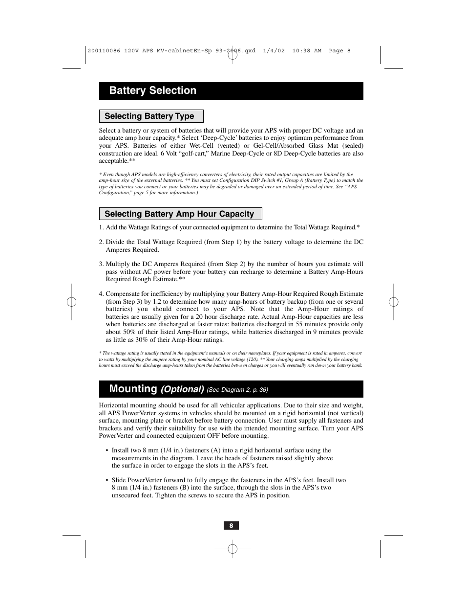 Battery selection, Mounting, Optional) | Tripp Lite Alternative Power Source User Manual | Page 8 / 40